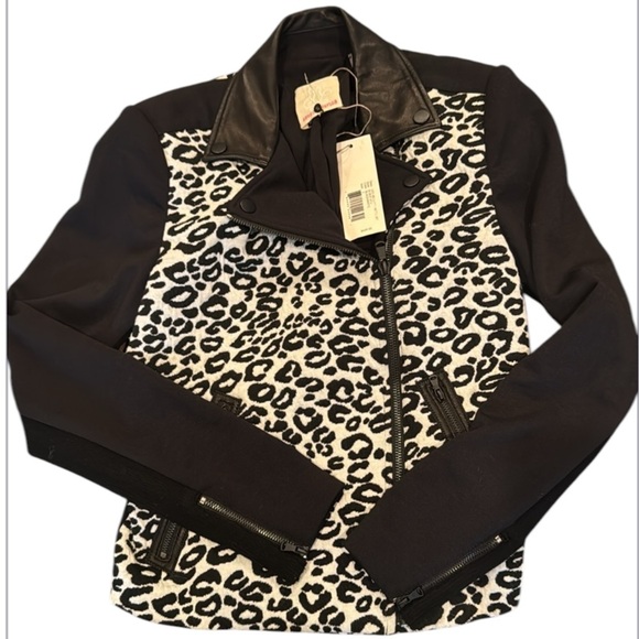 Rebecca Taylor Jacquard Black Leopard & Leather Trim Moto Jacket Size 2 NWT - Picture 15 of 15
